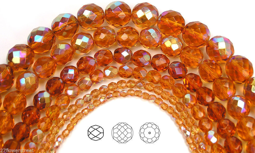 Czech Fire Polished Round Faceted Beads in Topaz AB coated, 16″ str Golden Brown