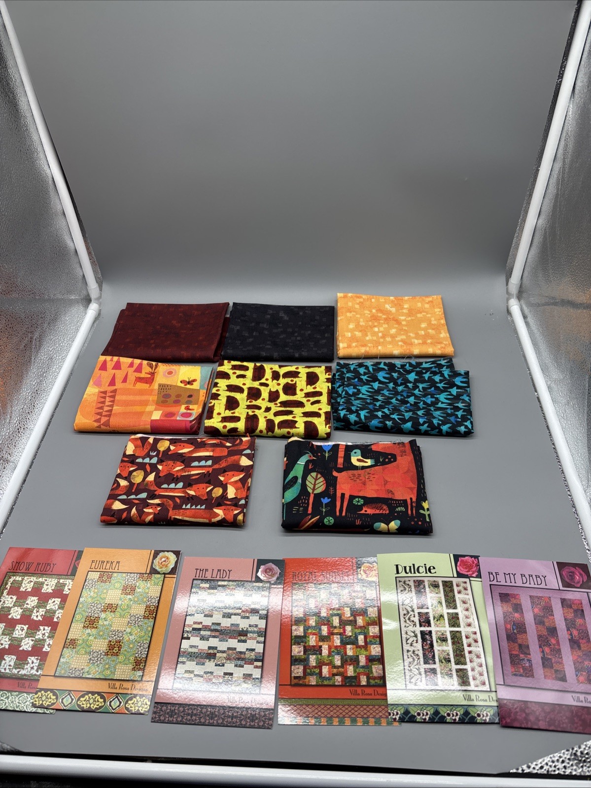Lot Of 6 Villa Rosa Designs Cards + Lot Of 8 Fat Squares Fabric