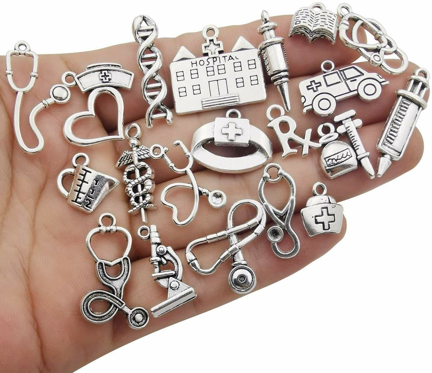 10 Nurse Charms Doctor Pendants Themed Antiqued Silver Assorted Medical Jewelry