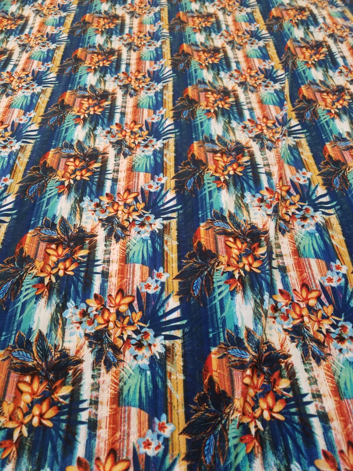Blue floral Printed spandex stretchable Fabric wrinkle resistant 60” W Sold BTY