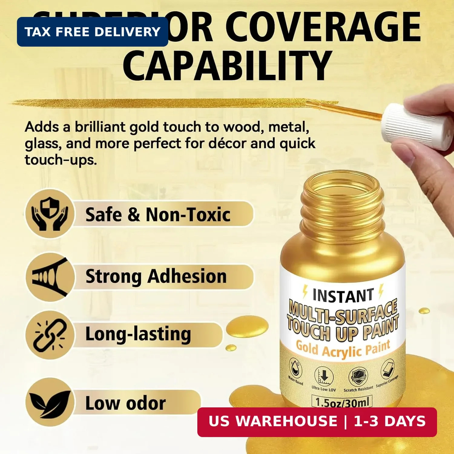 Gold Leaf Paint, Gold Paint for Metal and Wood – Rich Metallic Shine, Fast Dryin