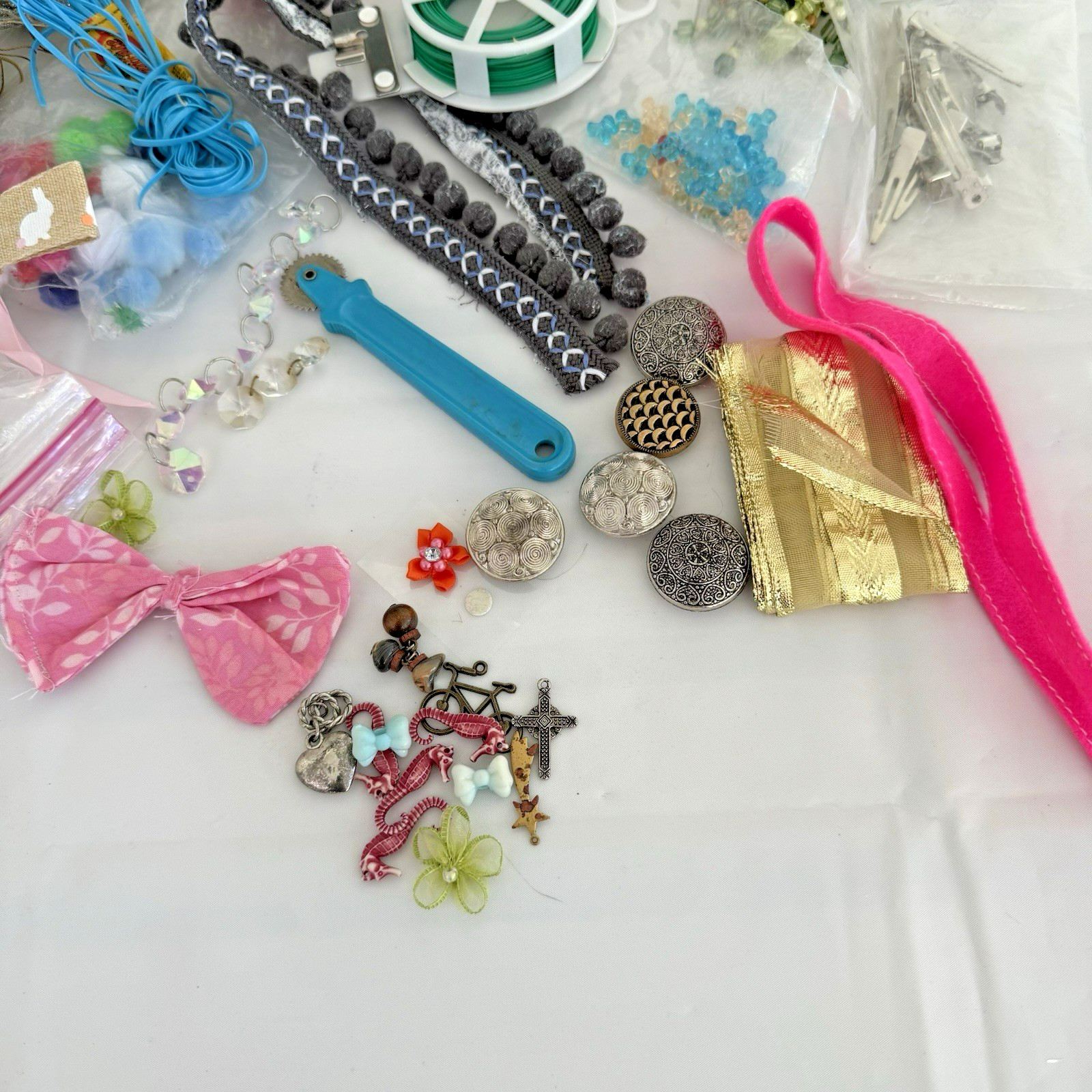Mixed Lot Of Assorted Craft Sew Supplies Some Beads, Poms, Trims, Embellishments