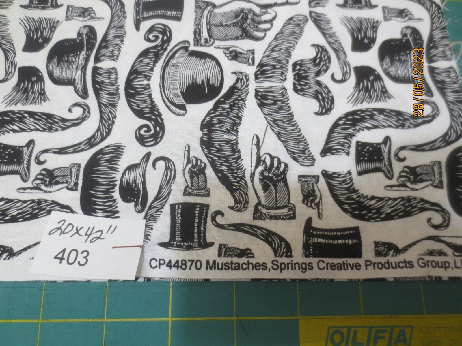 20″ x 42″ Black on White Men’s Mustaches Gentlemen’s Top Hats cotton Fabric
