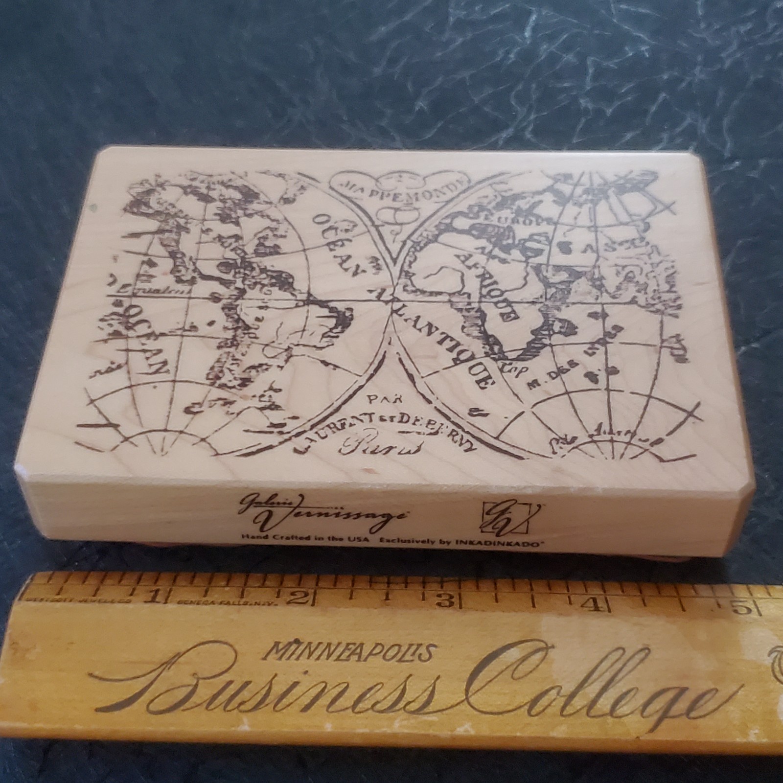Atlas World Map Globe French Language Atlantic Ocean Africa Wood Rubber Stamp