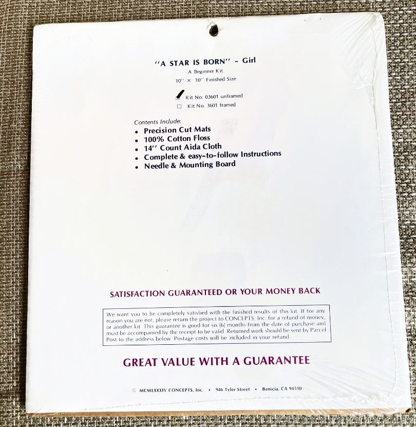 SEALED 1984 Concepts A Star is Born Girl Beginners Stitch Kit Unframed 10 x 10″