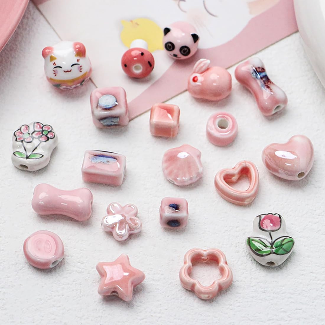 30Pcs Pink Ceramic Beads,Chinese Special Porcelain Beads,Animal Shape Ceramic Be