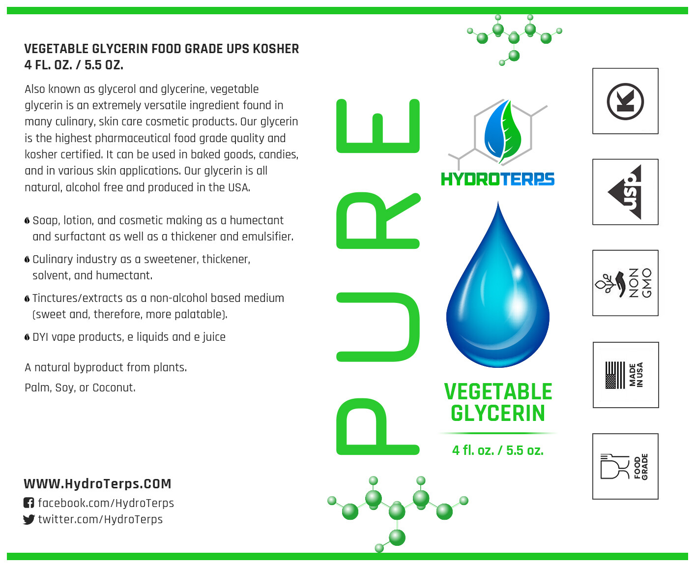 Vegetable Glycerin / Propylene Glycol 4 oz Each USP 99.9 % Pure Food Grade VG PG