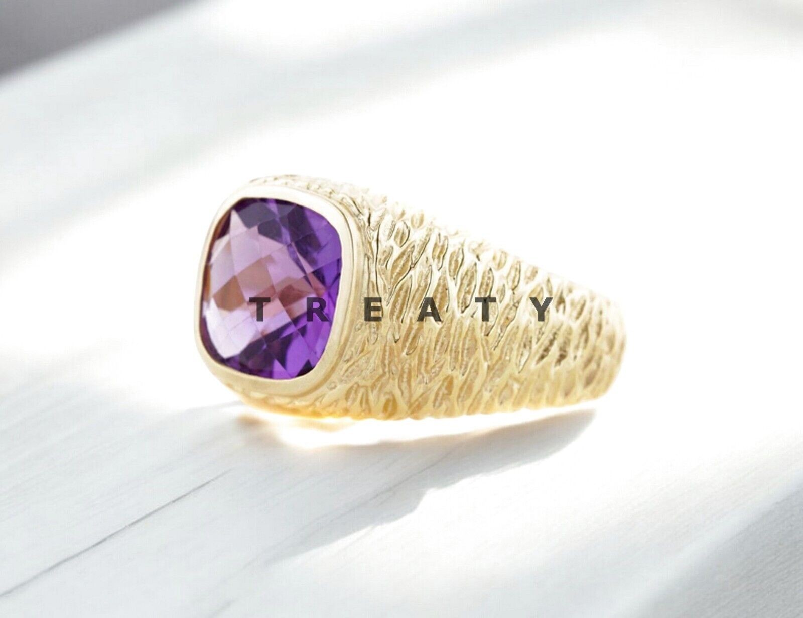 Amethyst Cushion Cut With 14k Yellow Gold Ring For Men’s #416 #