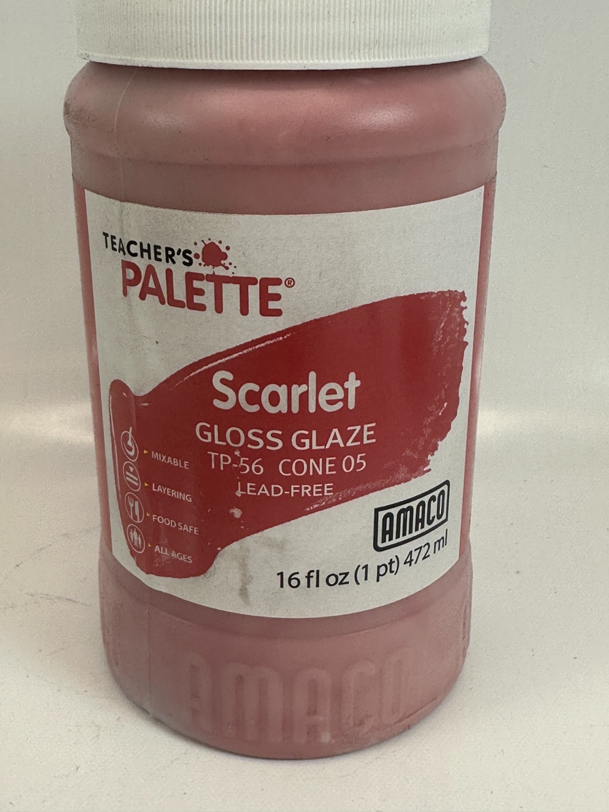 Amaco 36643A Teachers Palette Gloss Glaze – “Scarlet” 16 fl.oz. Sealed Top