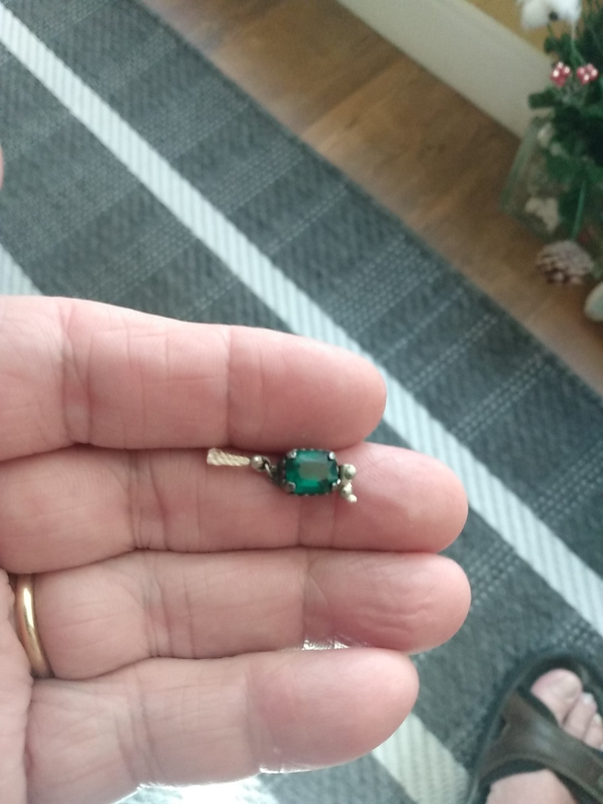 Antique Sterling Silver Fancy Necklace Clasp With Green Glass Stone ( Czech)