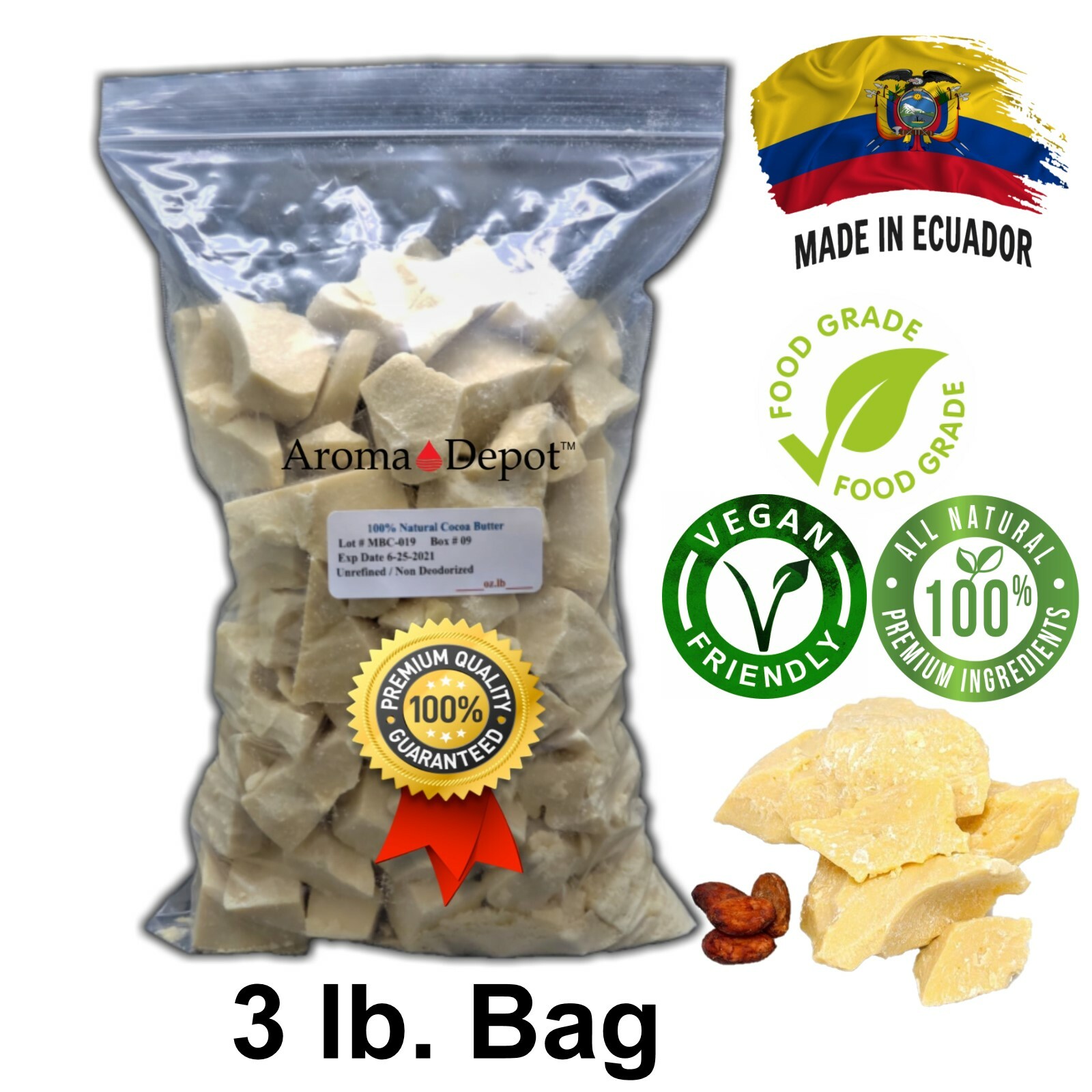 Raw Cocoa Butter 3lb BAG 100% Natural Unrefined Pure Virgin Cacao/Cocoa
