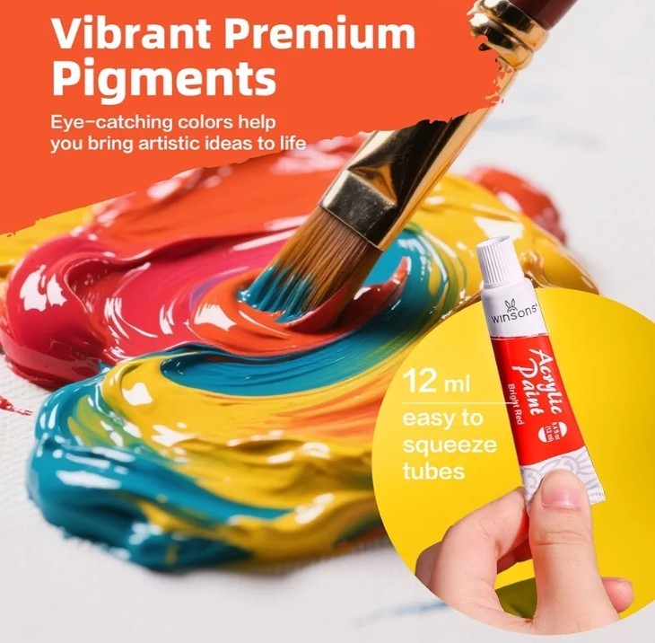 WINSONS Non Toxic 24 Colors Acrylic Paints Set 12ml With 3 Bonus Brushes