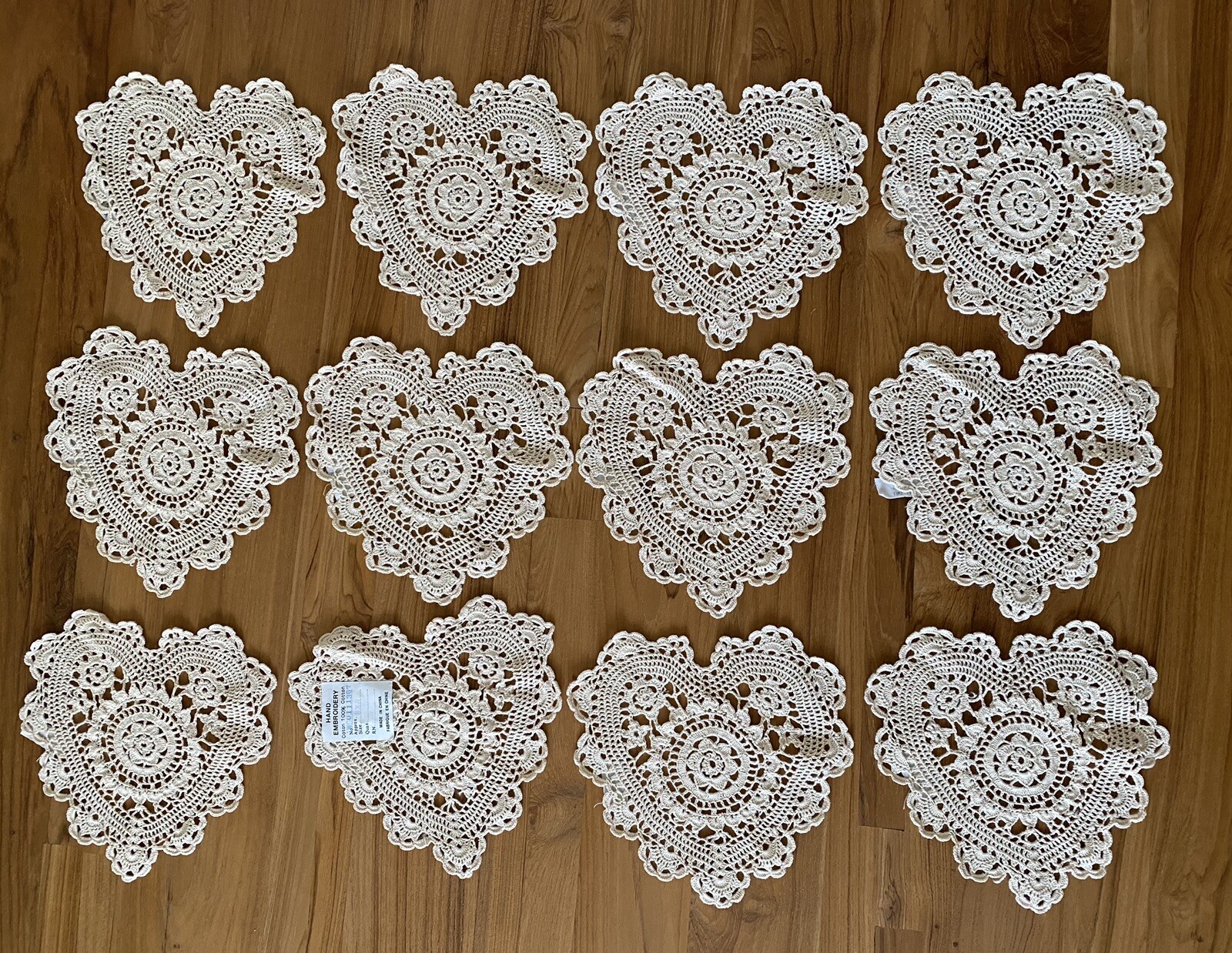 8 Inch Beige Heart Shaped Crochet Lace Doilies 12 Count