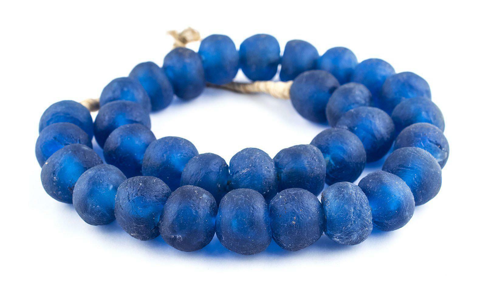 Jumbo Blue Recycled Glass Beads 26mm Ghana African Sea Glass Round Large Hole