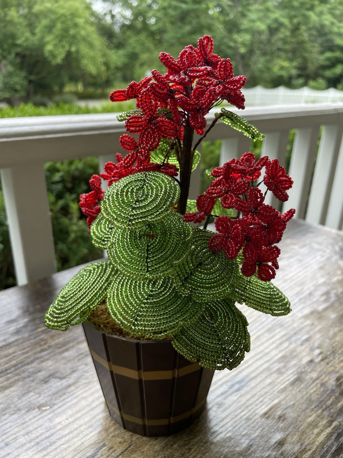 Vintage French Glass Seed Beaded Flowers Red Geranium Beaded Potted Arrangement