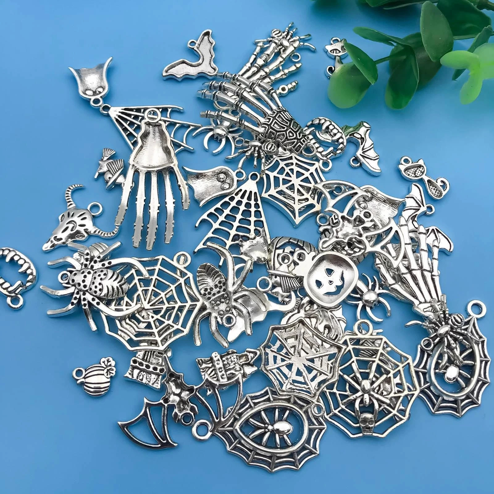 Halloween Charms 50pcs Silver Zinc Alloy Diy Jewelry Making Kit Pendants Bulk Se