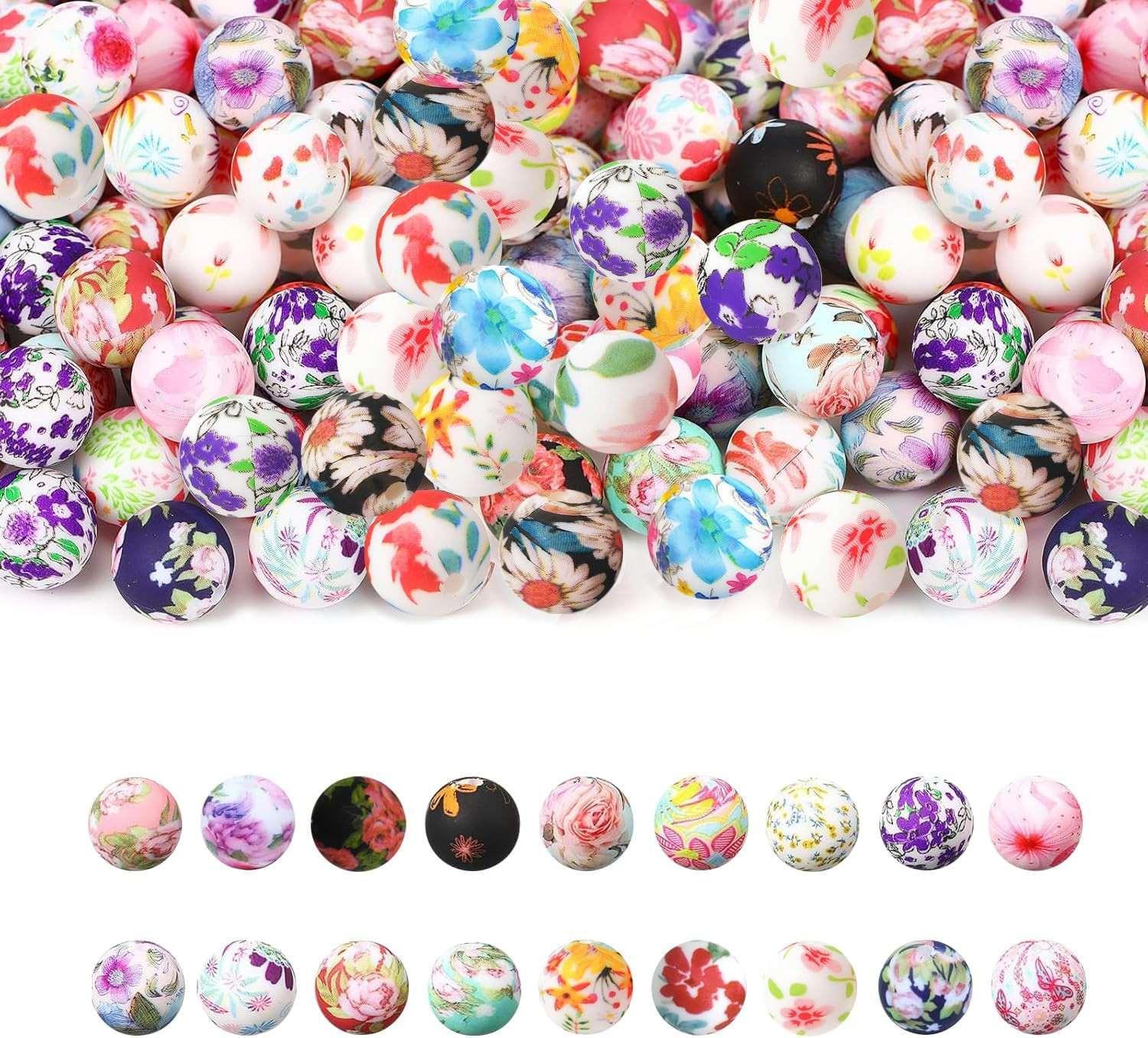 54Pcs Flower Silicone Beads Set 15mm Round Silicone Beads Bulk Floral Print Rubb