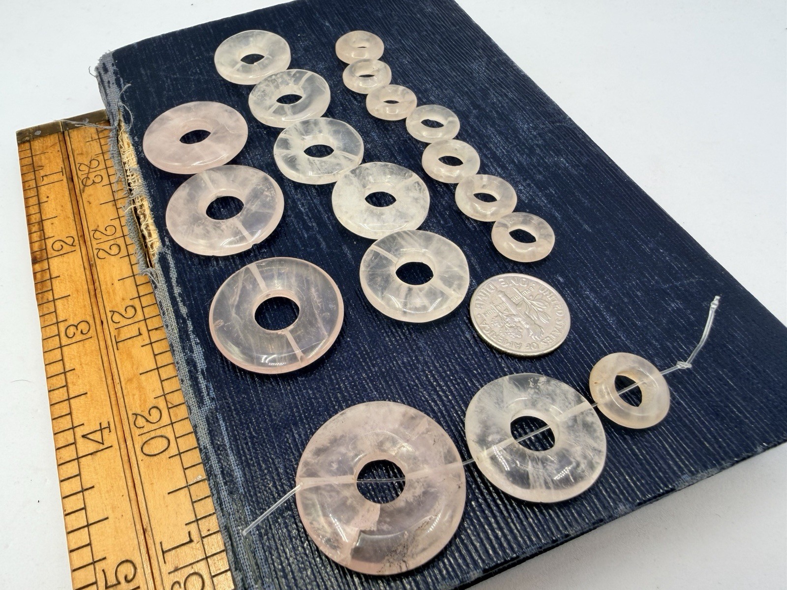 18 Pcs Vintage Carved Rose Quartz Beads Drilled Donuts Cages Mixed Size Artisan