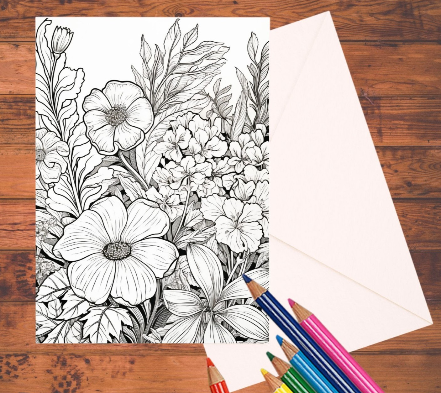 Garden Flowers Adult Coloring Cards: 5×7 DIY Greeting Card Set with Envelopes