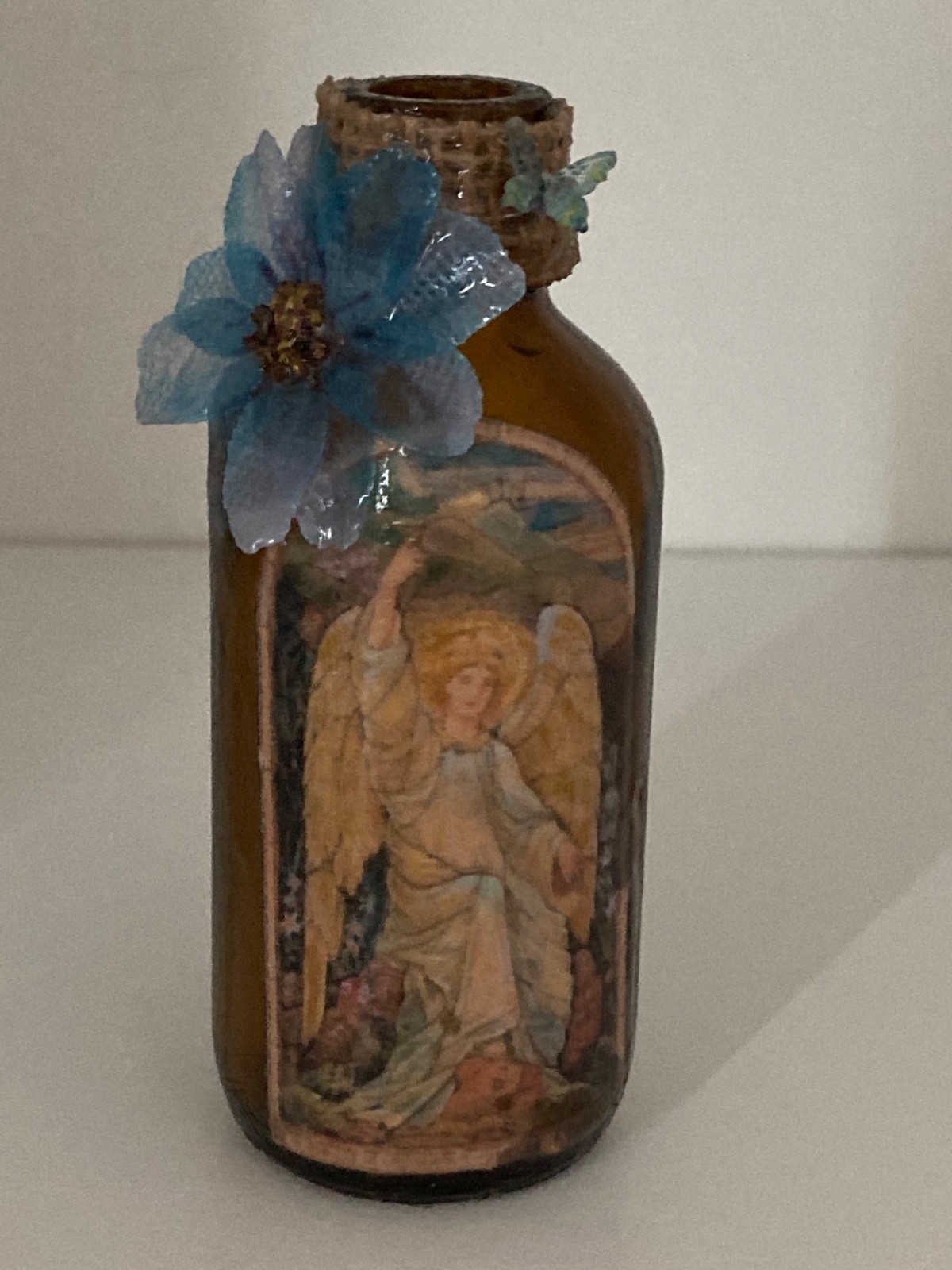 Decoupage, Hand Decorated Angel on Very Small, Amber, Apothecary Glass Bottle