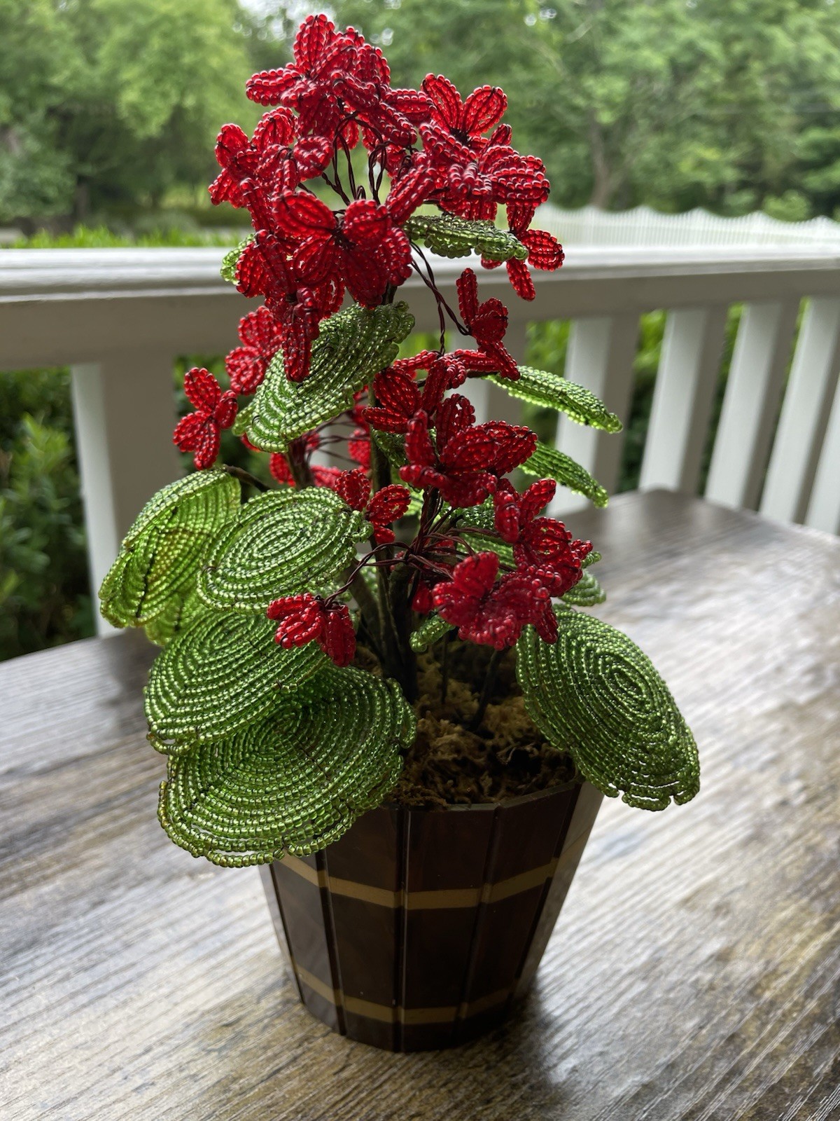 Vintage French Glass Seed Beaded Flowers Red Geranium Beaded Potted Arrangement