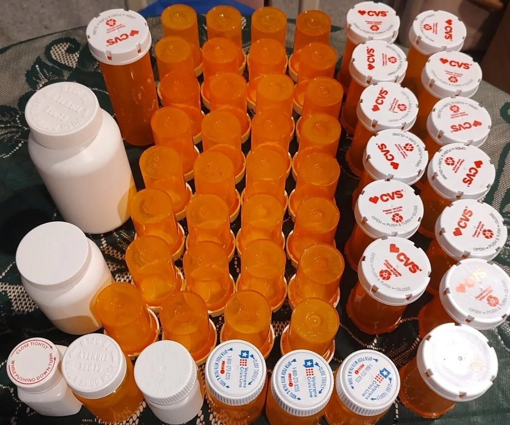 Lot of 54 empty pill bottles CVS Rx and others Amber White for craft and storage