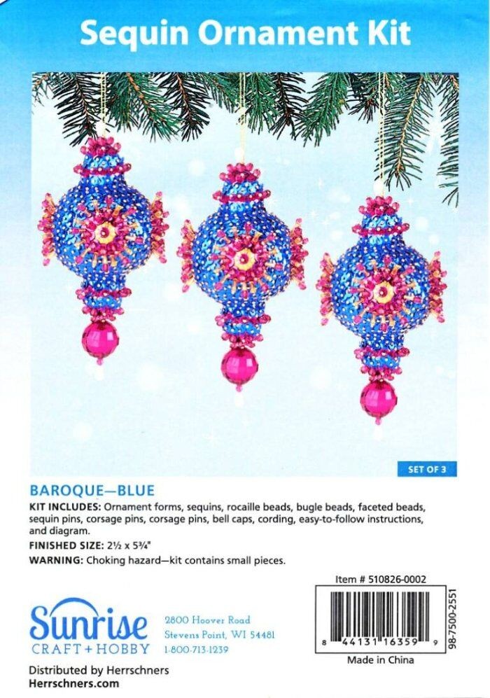 NEW SUNRISE CRAFT & HOBBY BAROQUE BLUE SEQUIN ORNAMENT KIT SET OF 3
