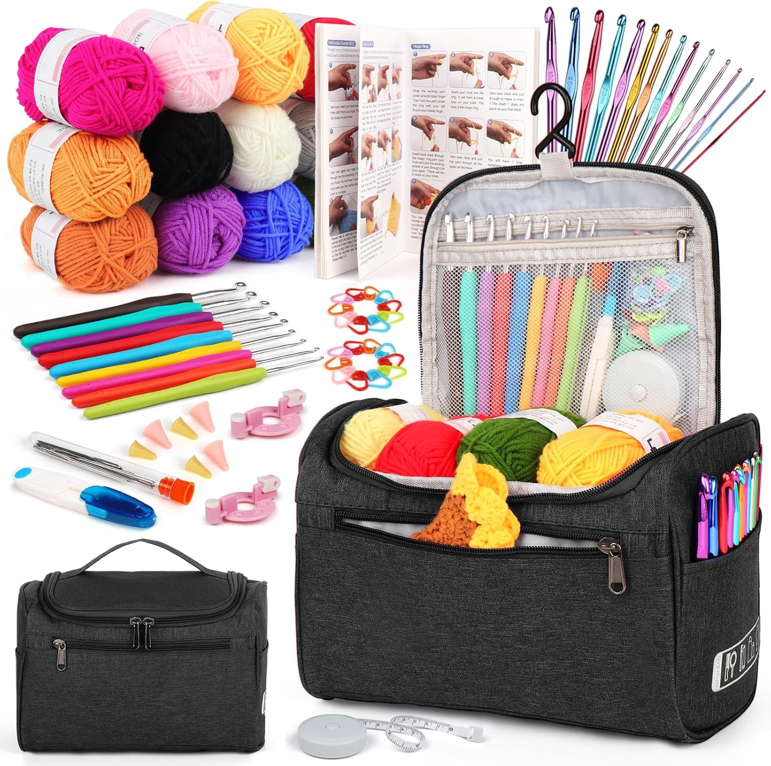 Beginner Crochet Kit for All Ages with 23 Hooks, Yarn, Accessories, and Guide