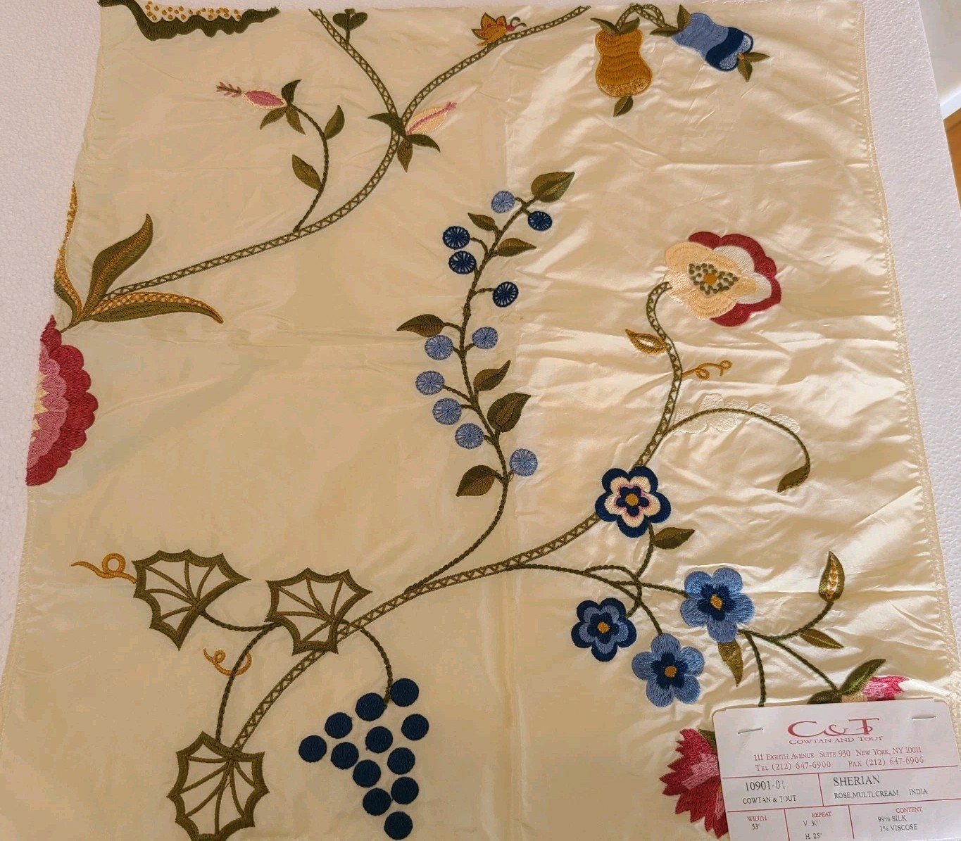 Designer Fabric Silk Samples Floral Butterfly Embroidered Cream Green Rose India