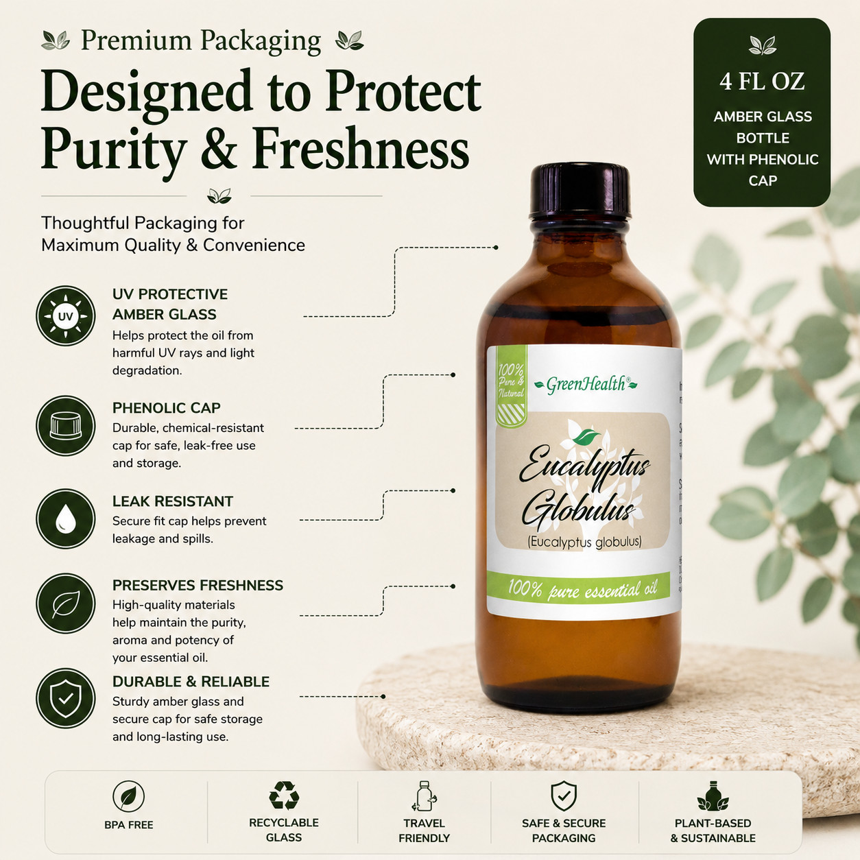 4 fl oz Eucalyptus Globulus Essential Oil Pure All Natural with 3 Free Droppers