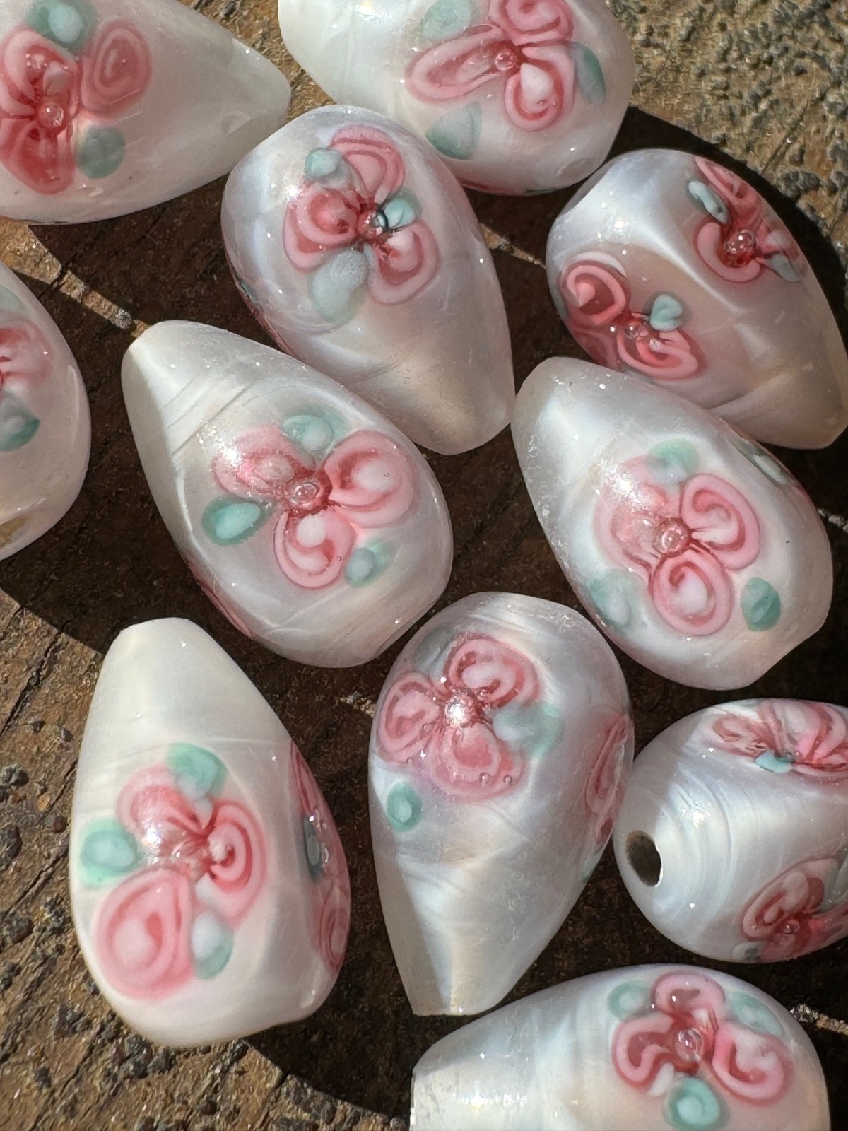 12 Handmade Lampwork Glass Beads, Teardrop shape, Made in Czech Republic