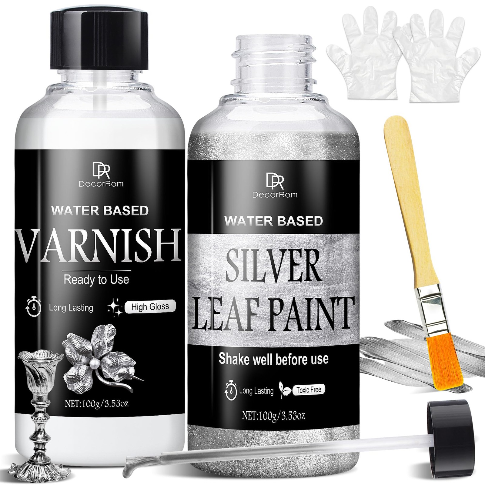 Liquid Silver Leaf Paint Kit 3.53oz Ultra Shiny Quick Dry Metallic Gilding P…