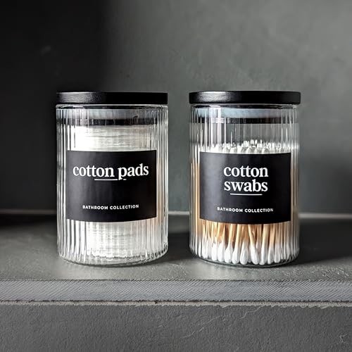 Ribbed Glass Bathroom Jars with Black Bamboo Lids | Cotton Pad / Swab / Q tip