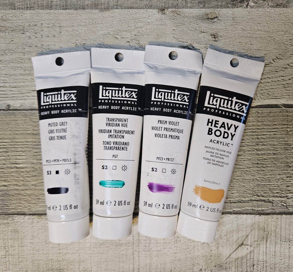 4 Liquitex Heavy Body Acrylic Paint – Muted Grey Naples Yellow Viridian Violet