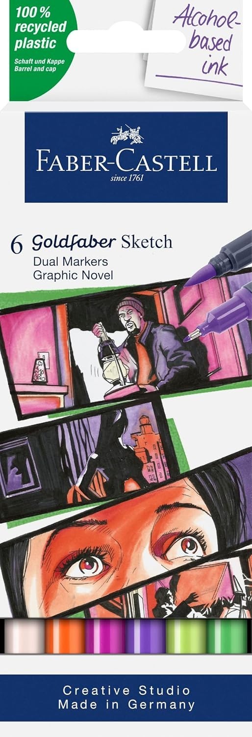 Faber-Castell Goldfaber Dual Tip Sketch Markers 6 pk Brush & Fineliner Tips NEW