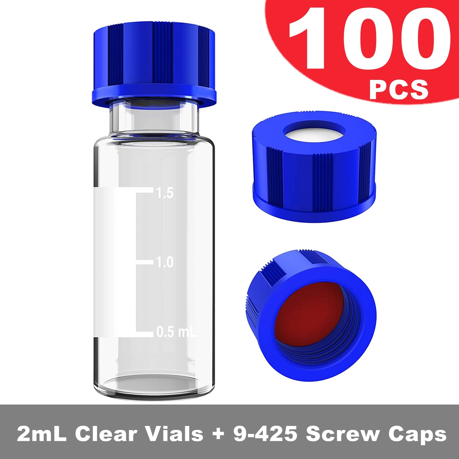 100Pcs 2ml Glass Vials Bottles Clear Containers w/ lids and septa for GC/MS/GPC