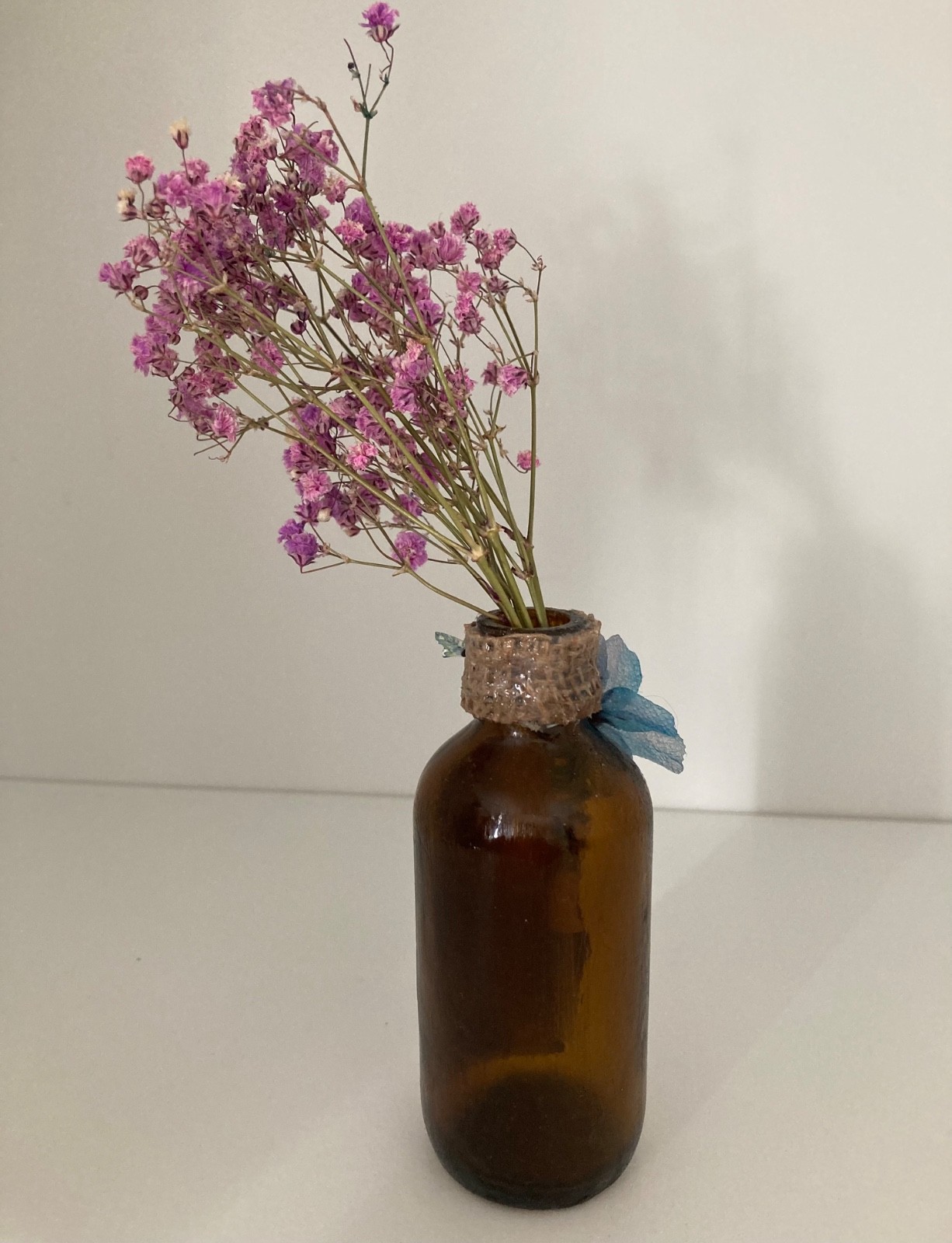 Decoupage, Hand Decorated Angel on Very Small, Amber, Apothecary Glass Bottle