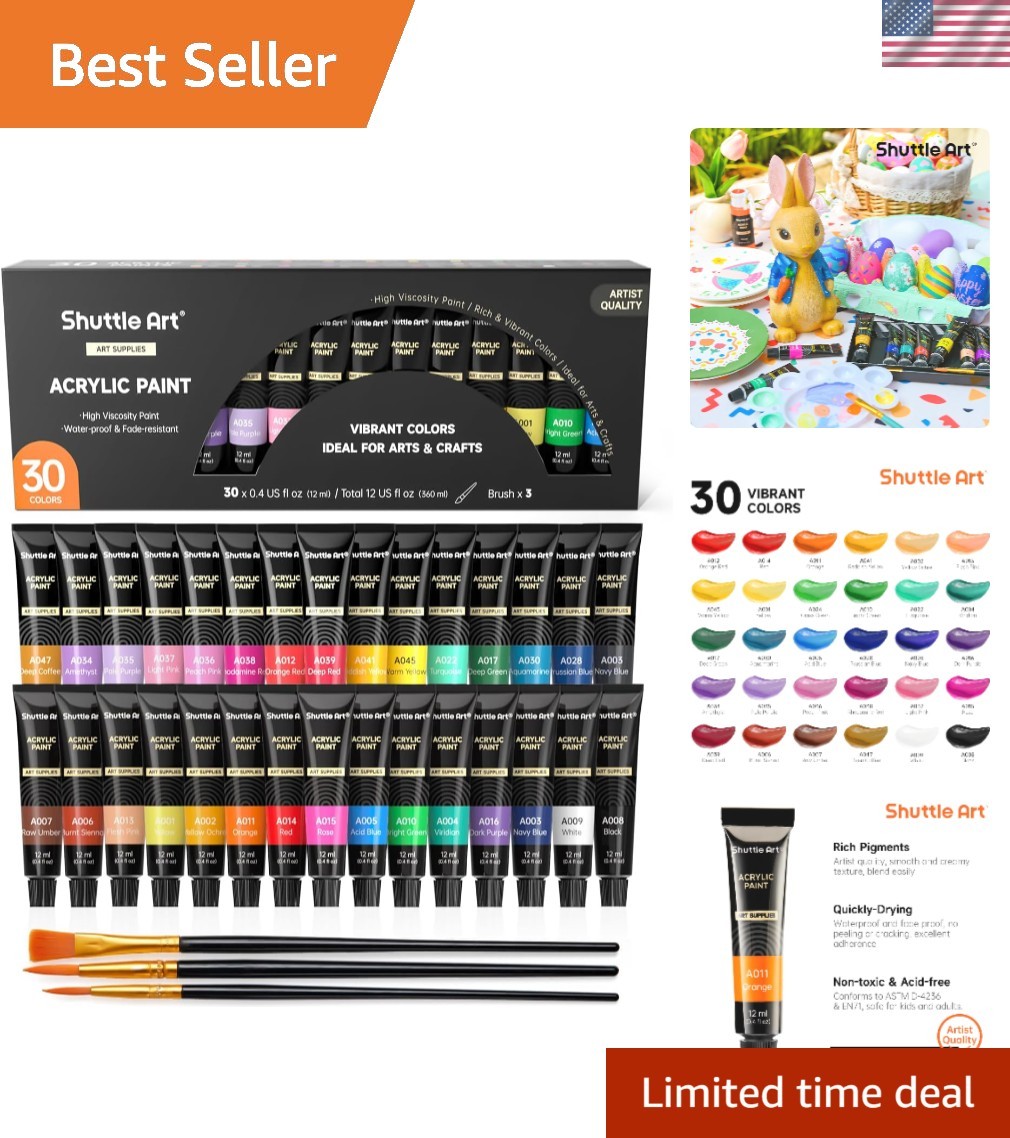 All-Ages Acrylic Paint Set – 30 Rich, Waterproof Colors & 3 Brushes Included