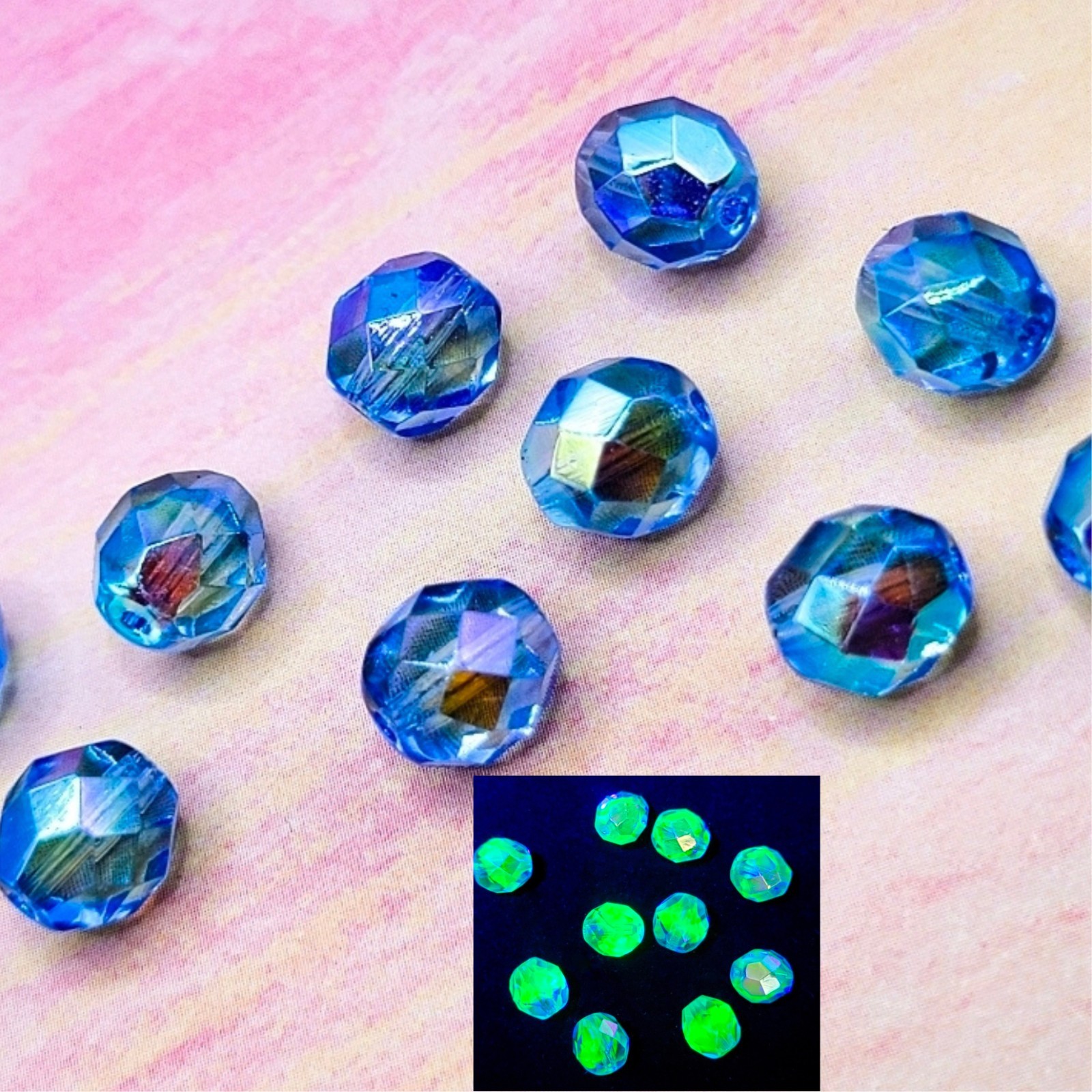 Aurora Borealis Blue Uranium Glass Beads 8mm Czech Fire Polished 10pcs