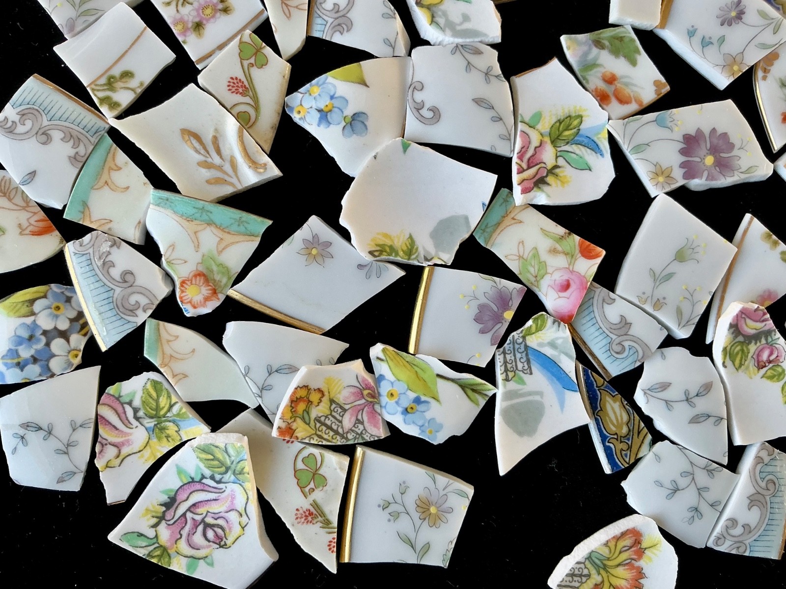 Broken China Mosaic Tiles Multicolored Pastel Florals Blue Trim 90+ Pieces SetN