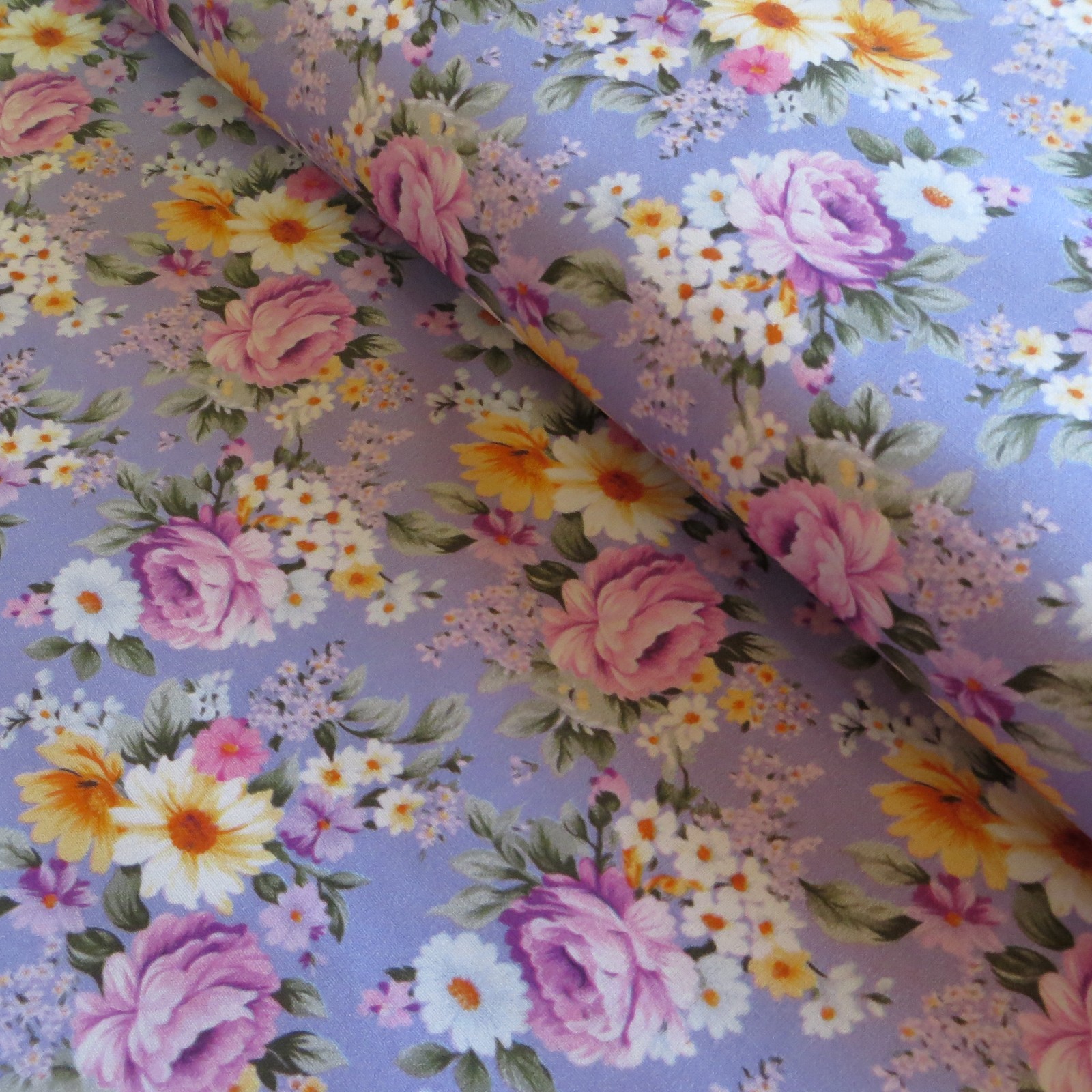 Yard ~ Cottage Roses On Purple Digital Cotton $3.99 Ships ANY Amount Of Fabric