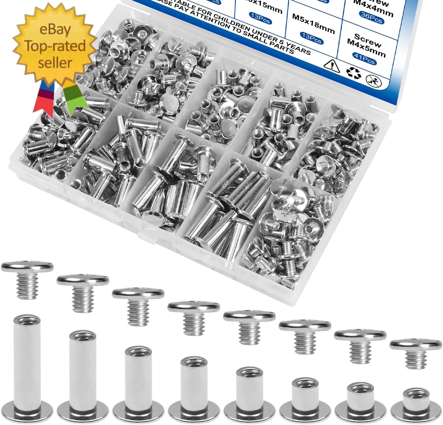 130 Sets Silver Chicago Screws Leather Rivets Kit, 8 Sizes Carbon Steel Binding