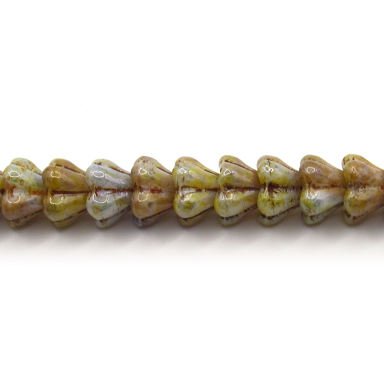 Opaque Green Luster Bell Flowers – 25 8×6 mm Czech Glass Pressed Beads