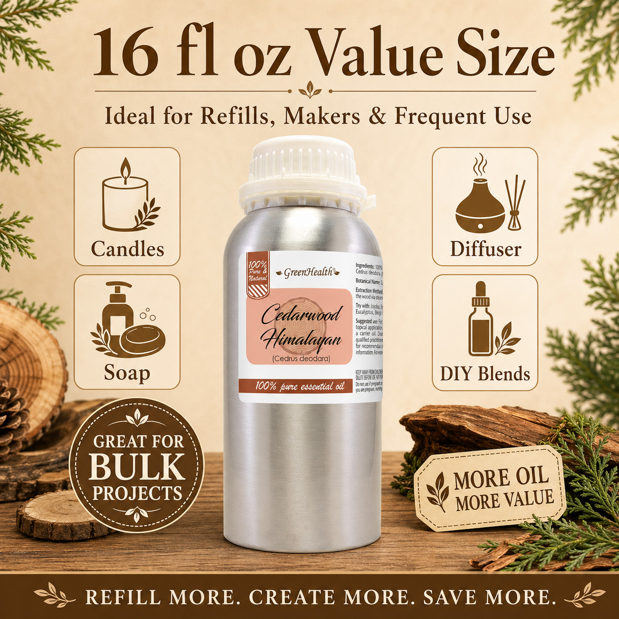 16 fl oz Cedarwood Himalayan Essential Oil Pure & Natural in Aluminum Bottle