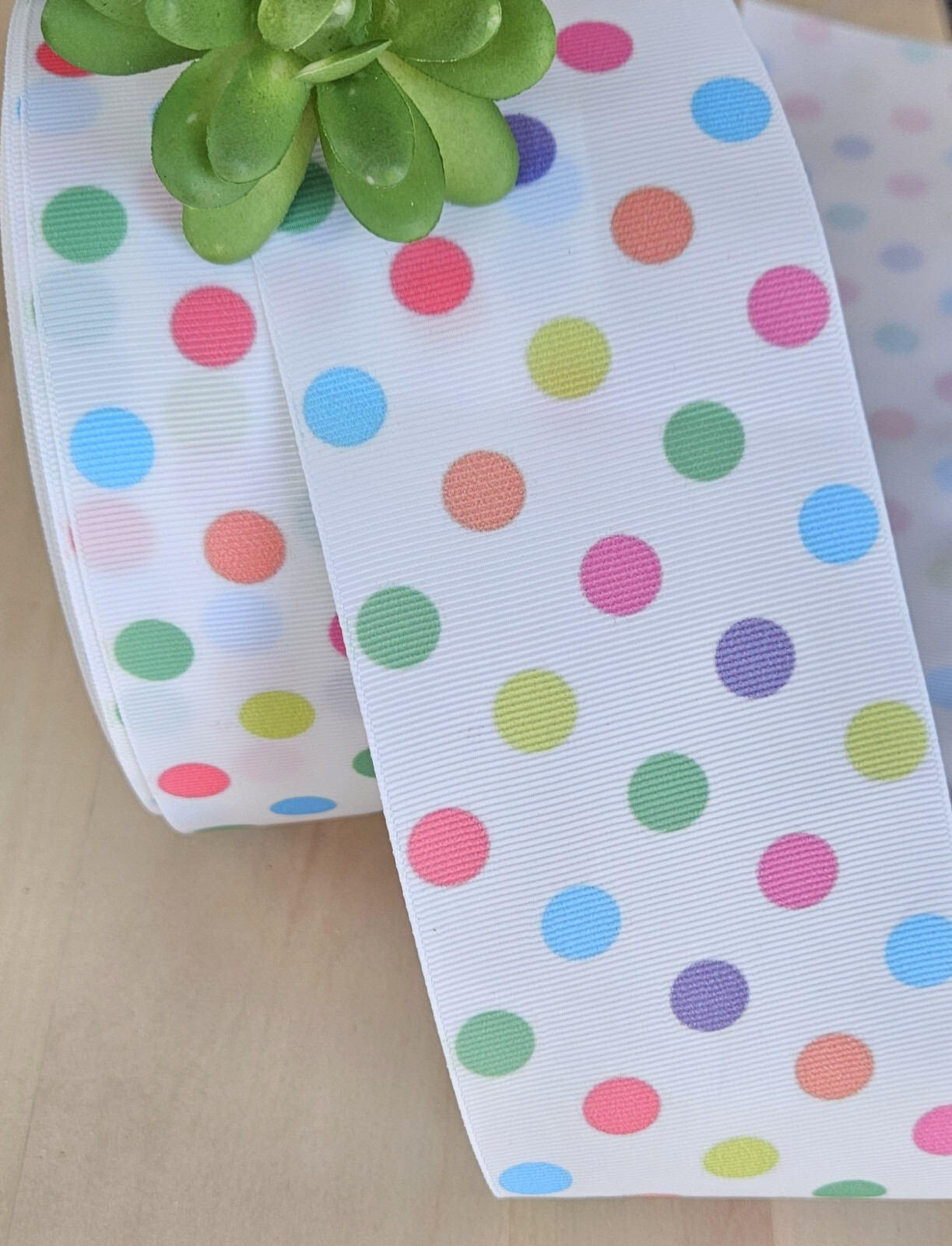 5/8, 7/8 & 1.5” (1 YD) Pastel Polka Dot Grosgrain Ribbon Pink Purple Green