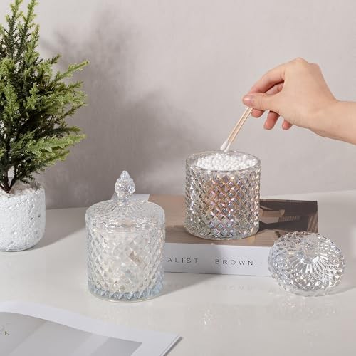 2 Pack Qtip Holder Apothecary Jars with Lid, Thick 10 oz (2 pack) Iridescent