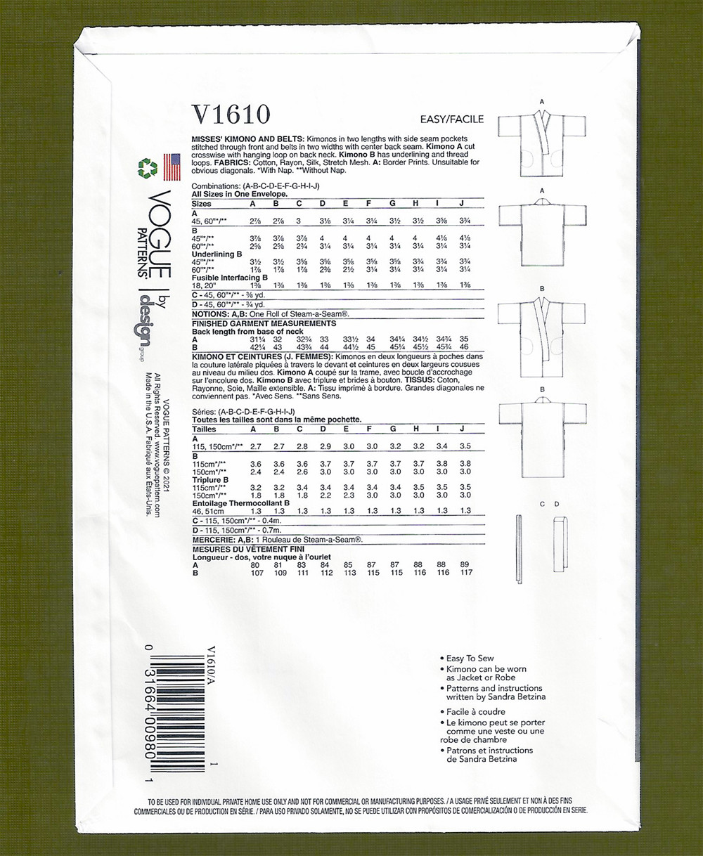 Misses Kimono & Belt Sewing Pattern~Easy to Sew Comfort (All Sizes) Vogue 1610
