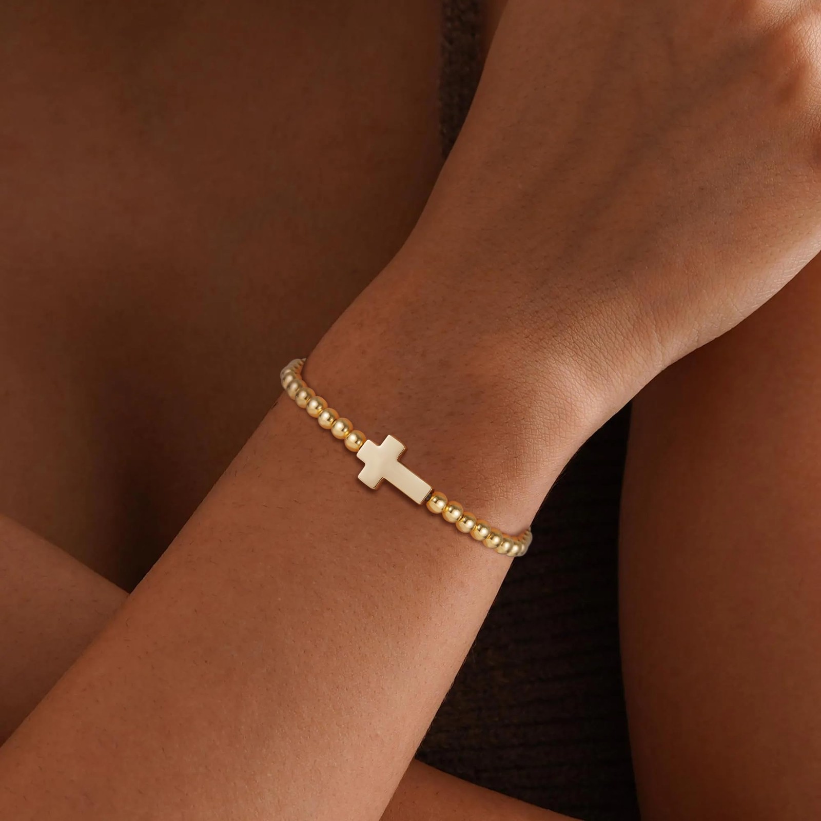 Enewton Cross Bracelets for Women, 14K Gold Plated Beaded Bracelet Non Tarnish T