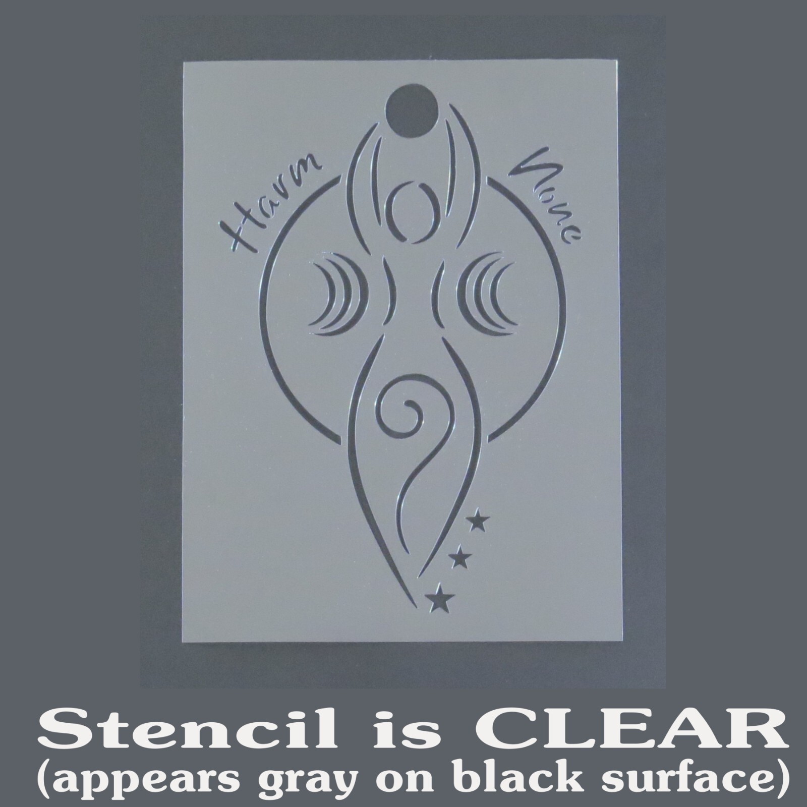 Wiccan Spiral Goddess with moons, Reads: “Harm None” reusable craft STENCIL