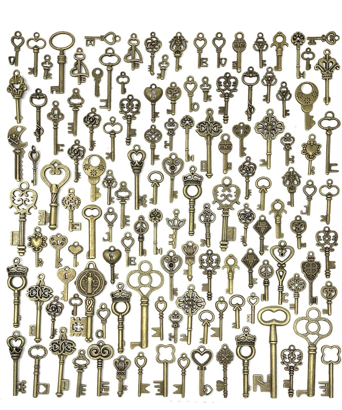 **125PCS Vintage Skeleton Key Charms – Antique Bronze for DIY Jewelry & Wedding